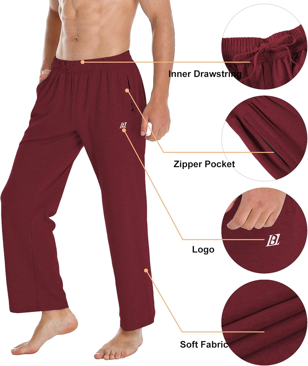Men'S Cotton Yoga Sweatpants Running Pants Open Bottom Joggers Straight Leg Casual Loose Fit Athletic Pants with Pockets (Red XL)