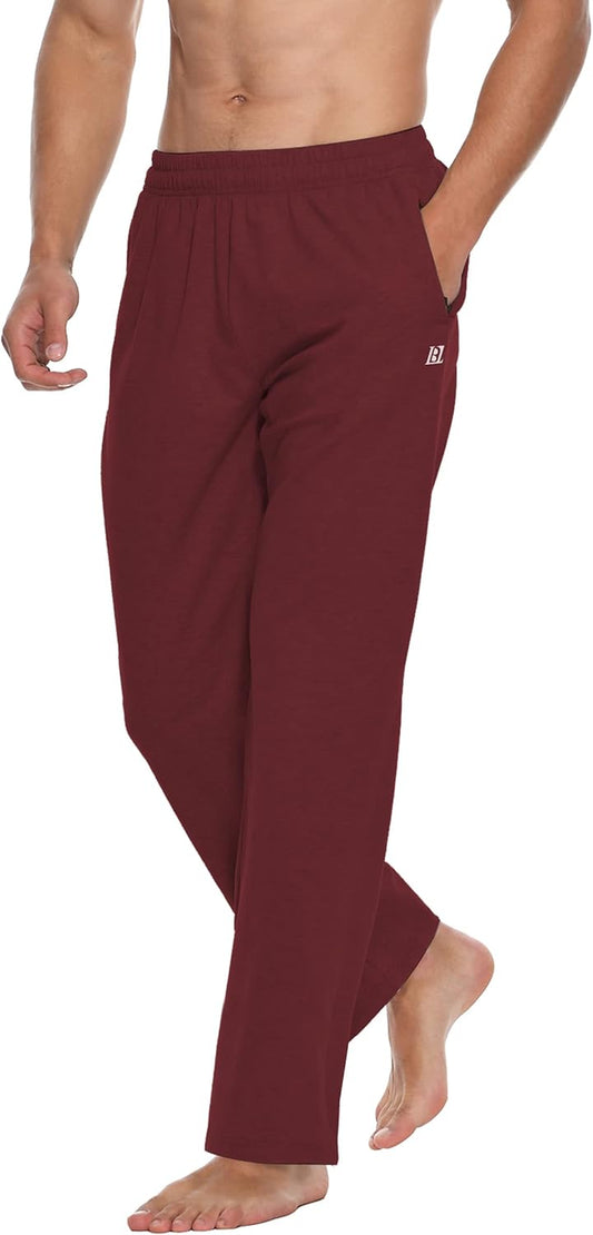 Men'S Cotton Yoga Sweatpants Running Pants Open Bottom Joggers Straight Leg Casual Loose Fit Athletic Pants with Pockets (Red XL)